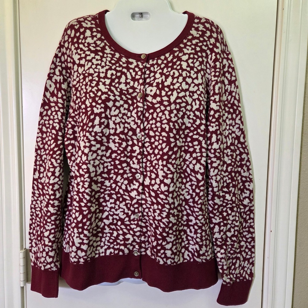 Lands End Burgundy Leopard Print Supima Cotton Cardigan Sweater Petite L 14-16